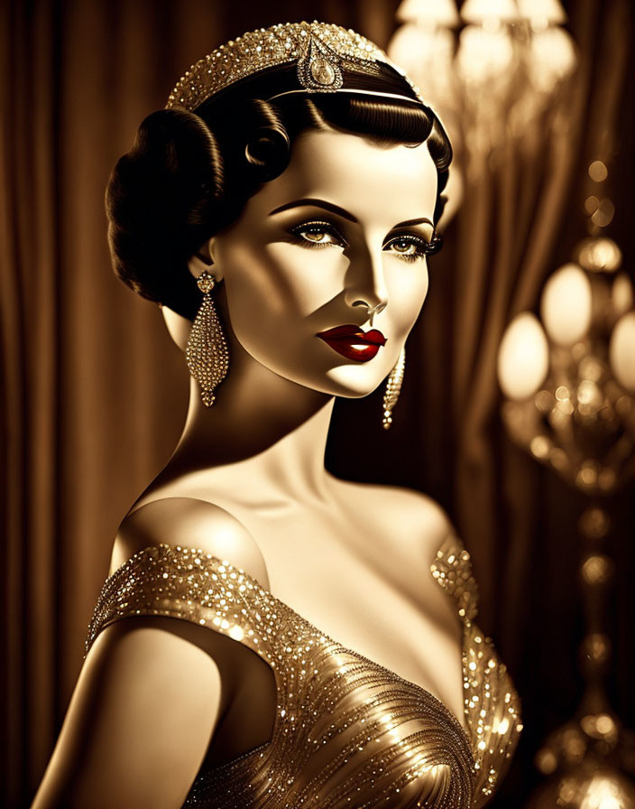 Vintage Style Portrait of Woman in Golden Gown and Red Lipstick