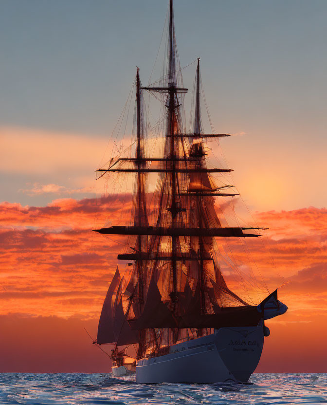 Sailing Tall Ship at Sunset with Vibrant Orange Skies