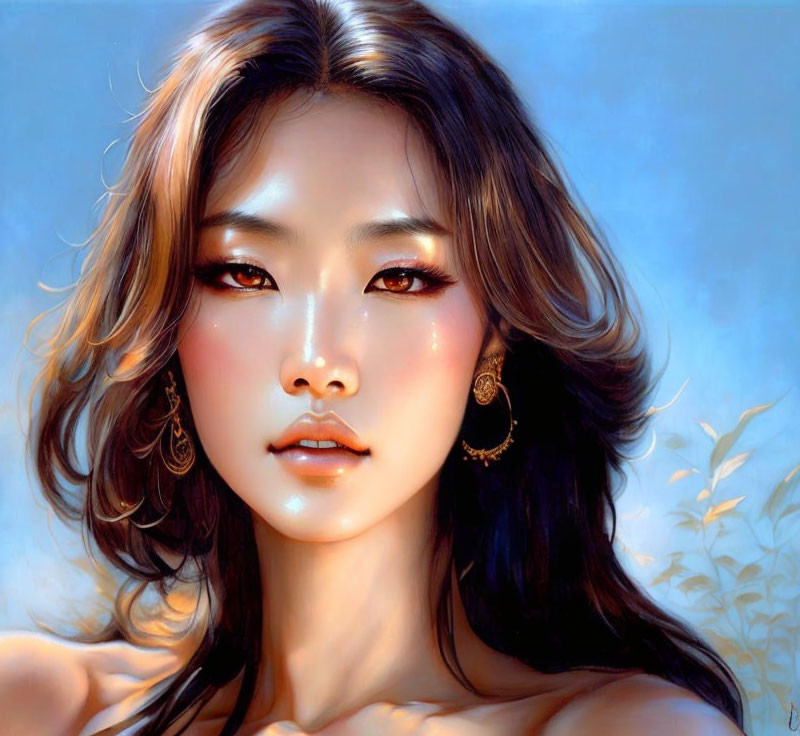 Radiant woman with voluminous hair and striking eyes in digital portrait