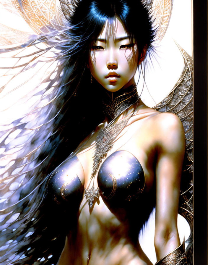 Digital artwork: Female figure with flowing black hair in ornate metallic armor