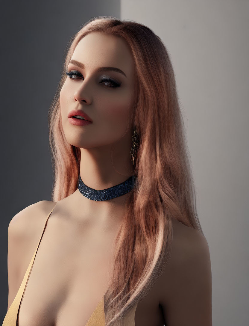 Pinkish-Blonde Haired Woman in Yellow Top with Blue Choker and Golden Earrings