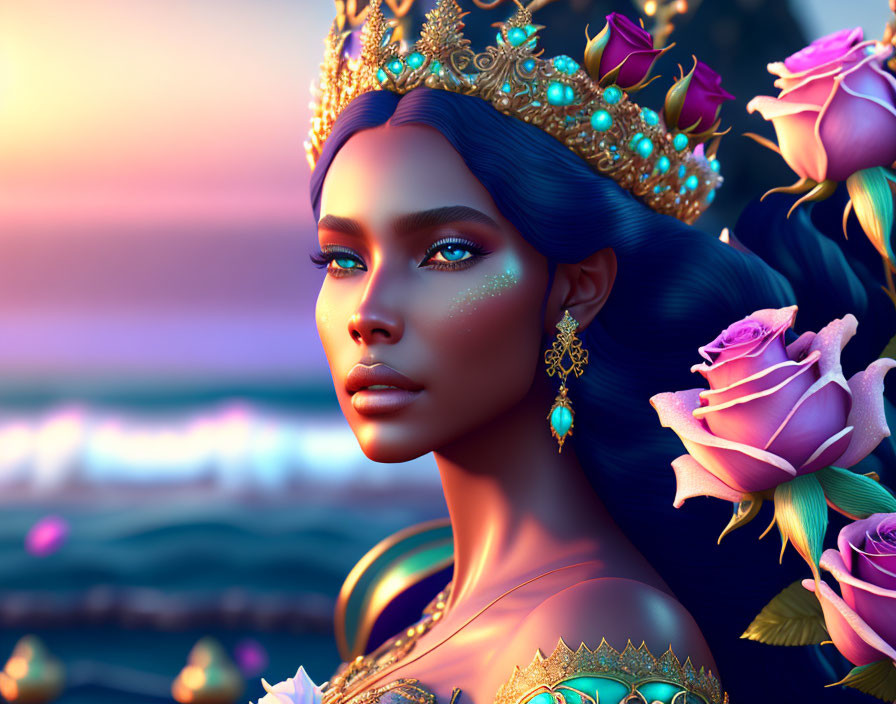 Digital Artwork: Woman with Golden Crown and Blue Gems by Sunset Ocean