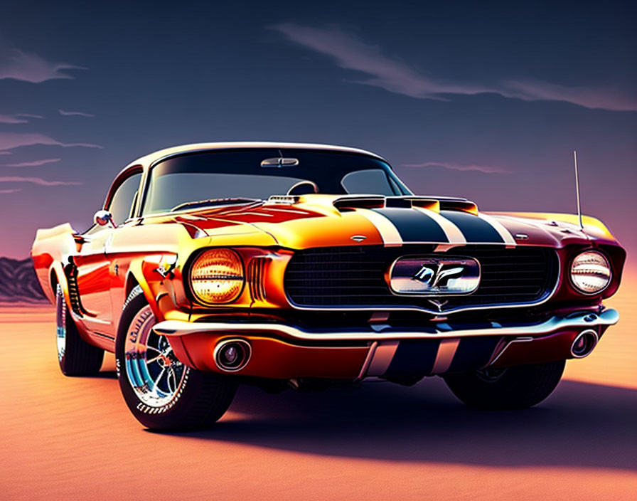 Classic Red Mustang with Racing Stripes on Desert Road at Dusk