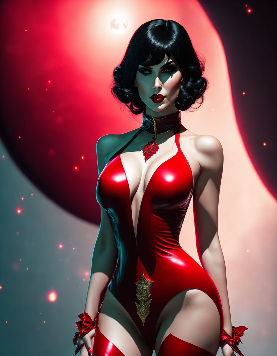 Stylized image of woman in red bodysuit against celestial backdrop