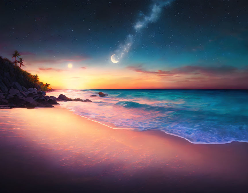 Twilight beach scene with vibrant sky hues, crescent moon, shimmering ocean tide, and palm