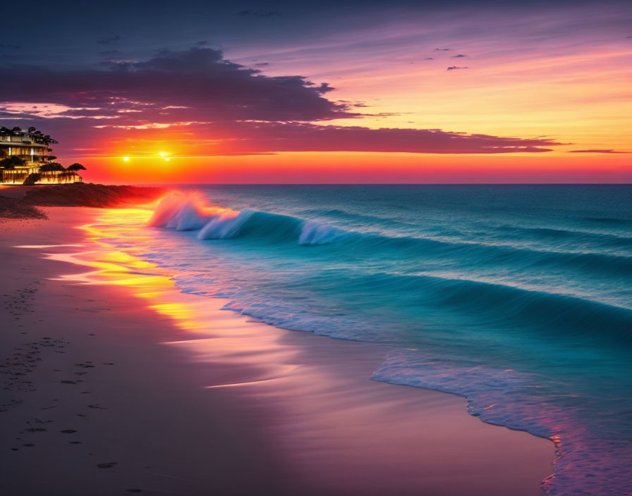 Scenic sunset over serene beach with rolling waves and coastal building silhouette