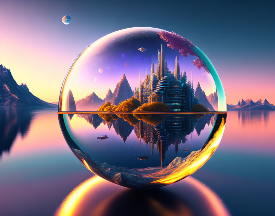 Surreal landscape with futuristic city in glass sphere by tranquil lake