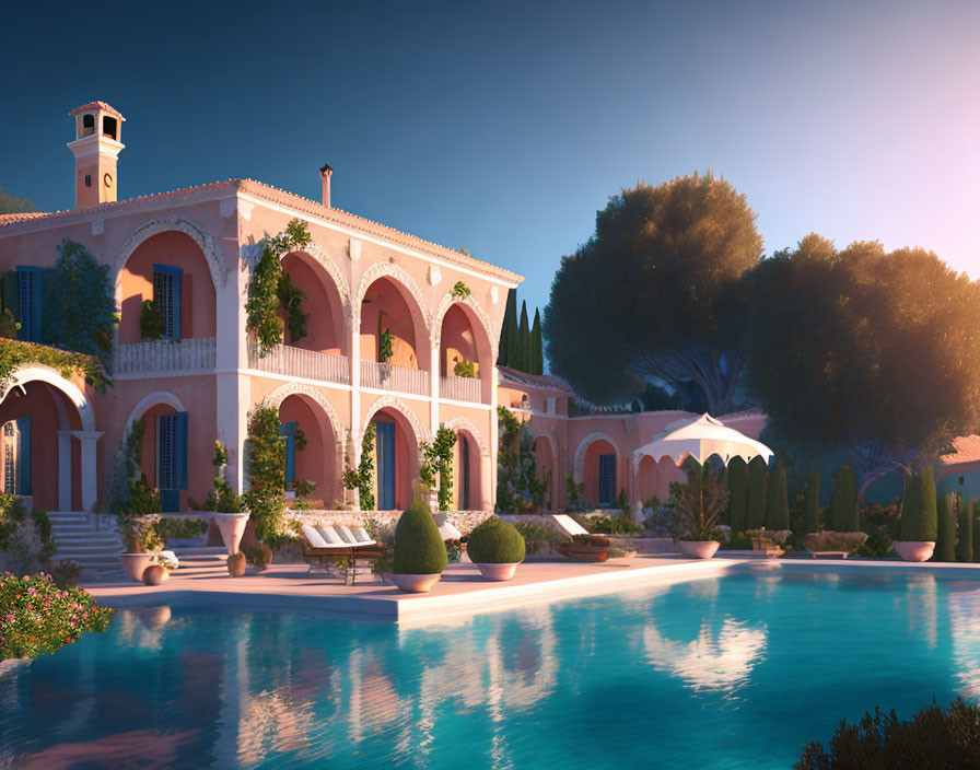 Luxurious Mediterranean Villa with Arches, Swimming Pool, and Lush Gardens