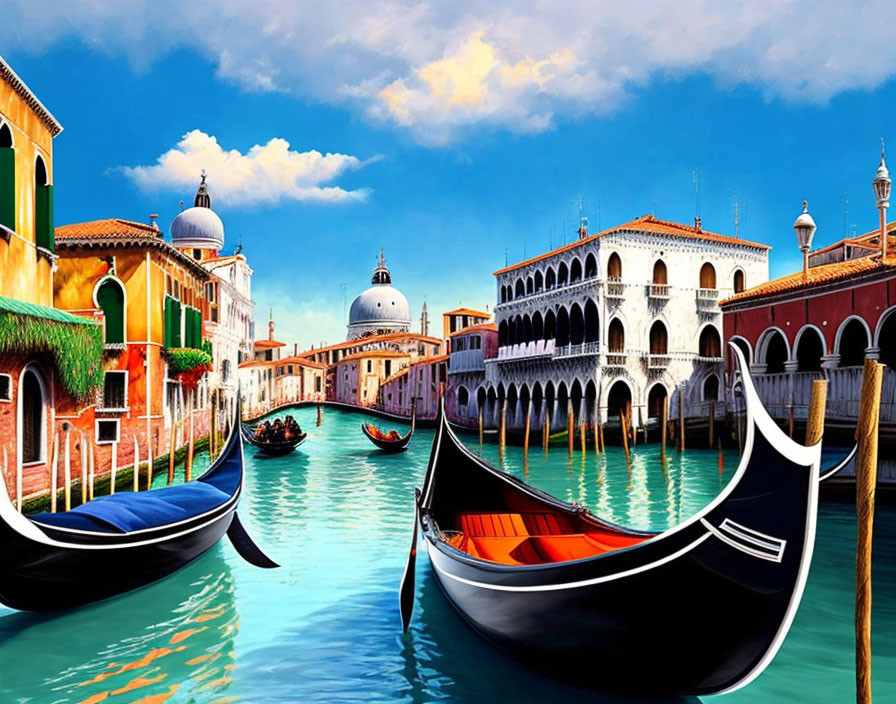 Venice painting: gondolas, historic buildings, clear blue sky