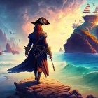 Pirate on rocky shore looks at castle, ship, and crashing waves