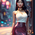 Digital art of stylish woman with long hair in white top and floral skirt on city street with neon signs