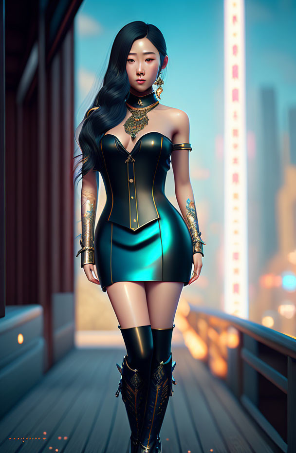 Digital artwork: Woman with long black hair in corset dress, gold jewelry, futuristic city.