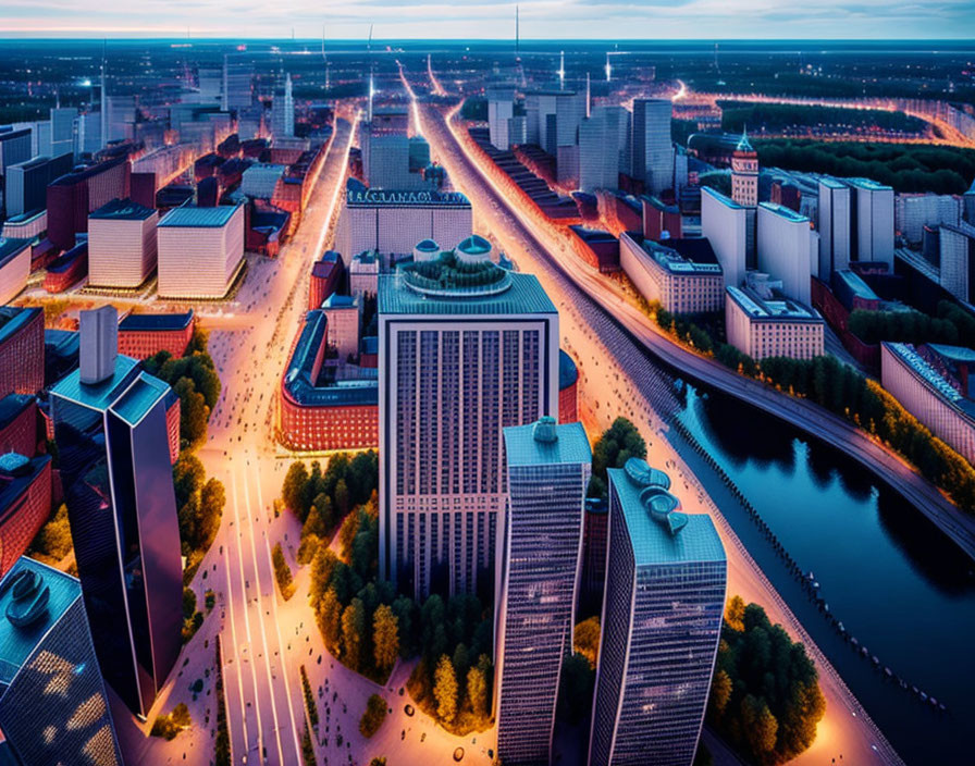 Cityscape at Dusk with Illuminated Streets, Skyscrapers, and River