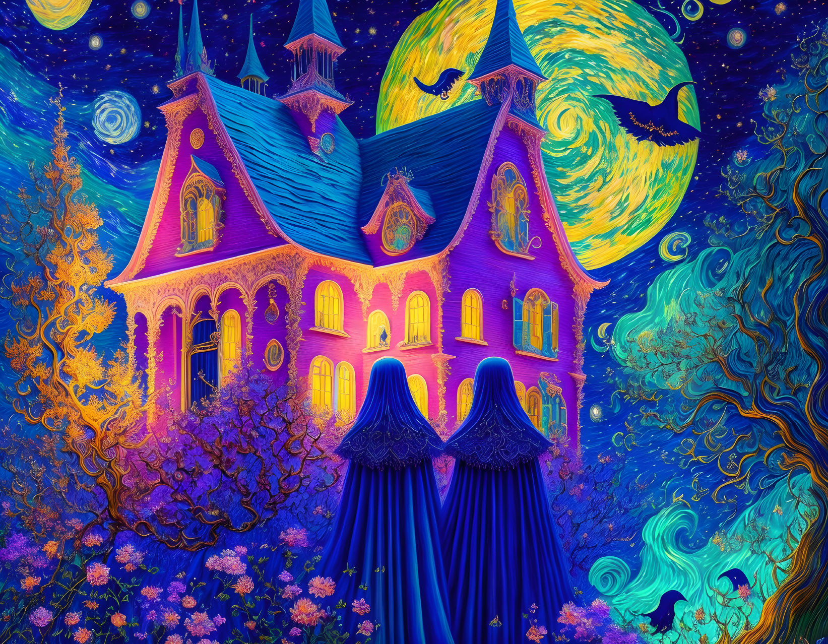 Cloaked figures admire purple haunted house under star-filled sky