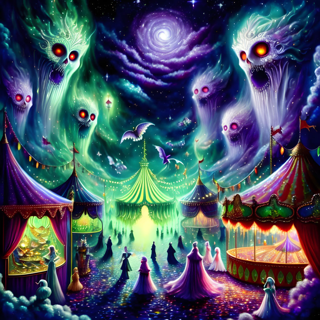 Night carnival scene with elegant people, vibrant tents, and cosmic entities.