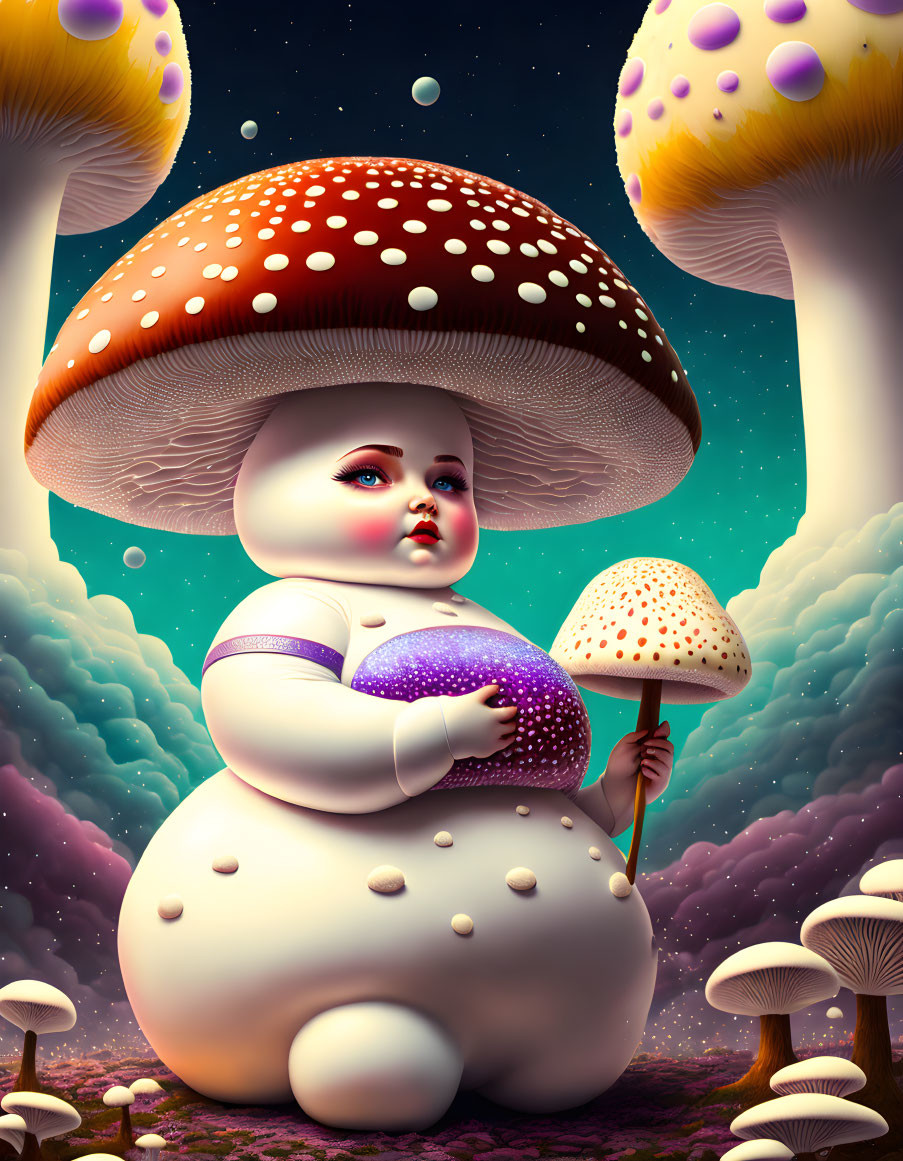 Whimsical doll-like figure with snowman body under giant mushroom