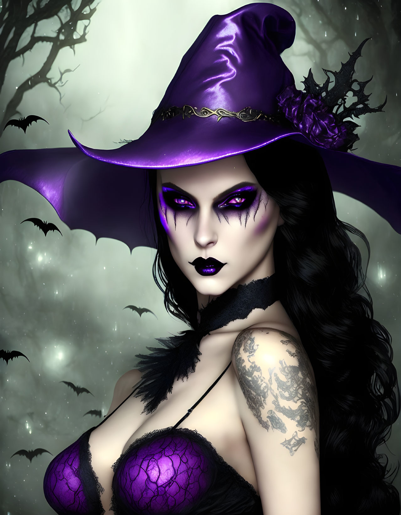 Gothic fantasy illustration: Woman with purple eyes, hat, black and purple attire, misty