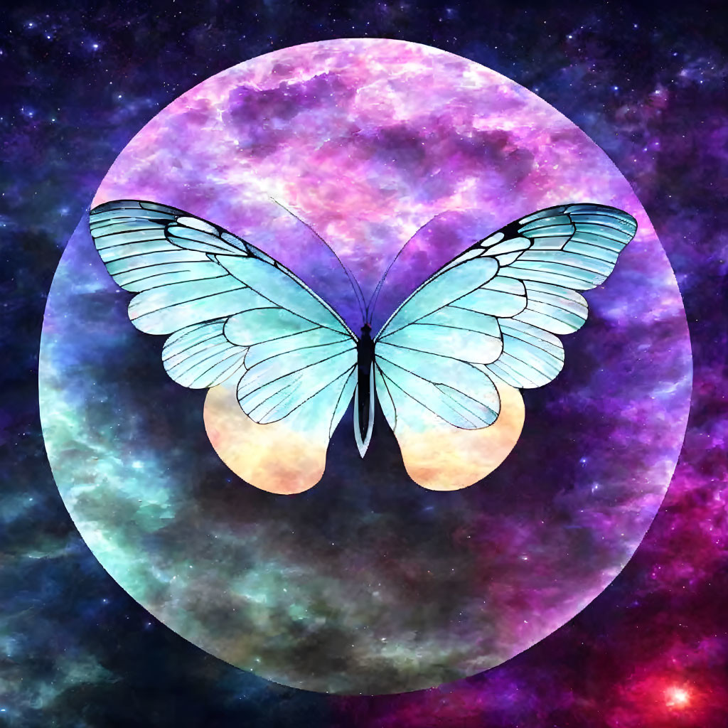 Translucent Blue and Black Butterfly on Cosmic Purple and Blue Background