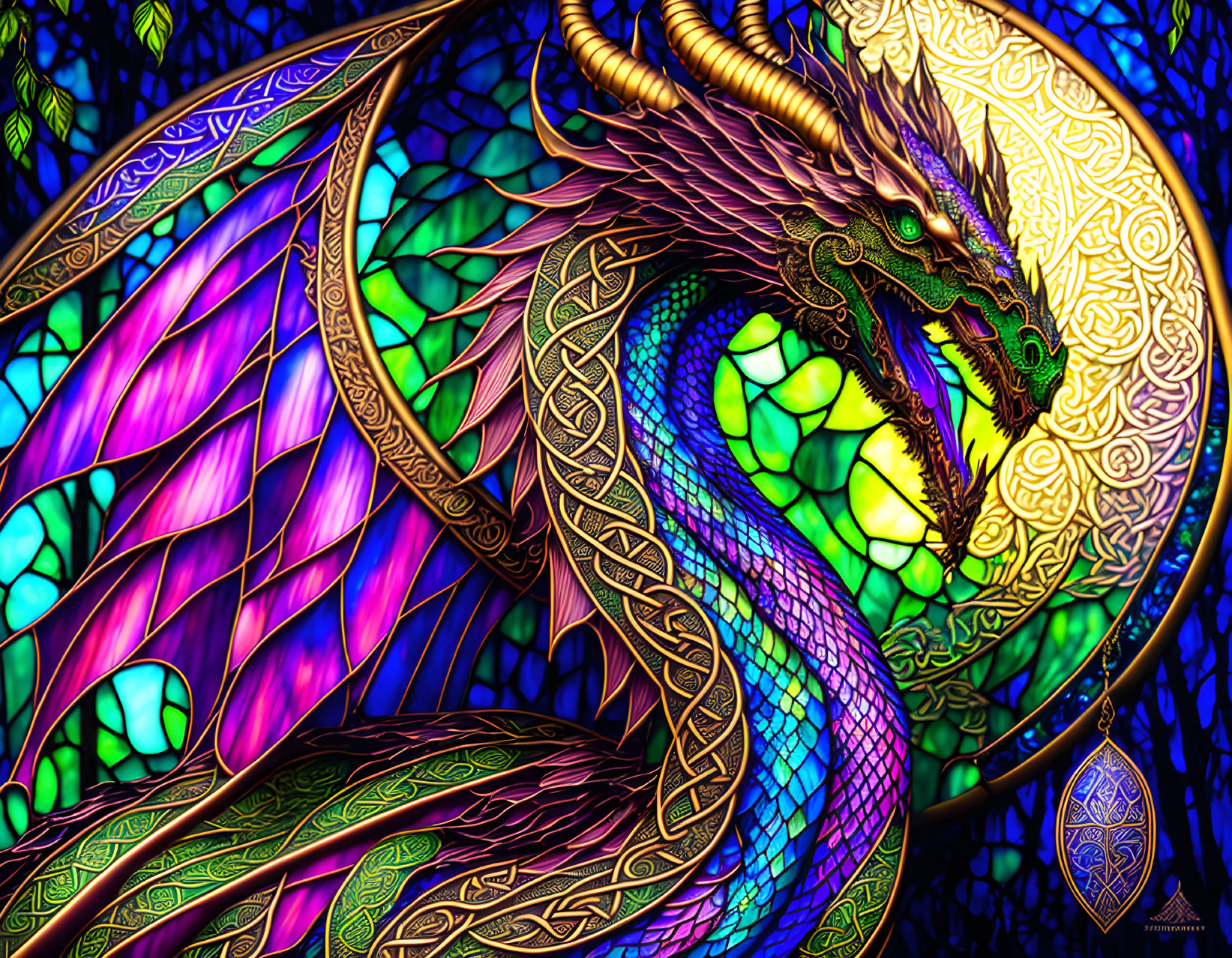 Colorful Dragon Illustration Against Celtic Stained Glass Background