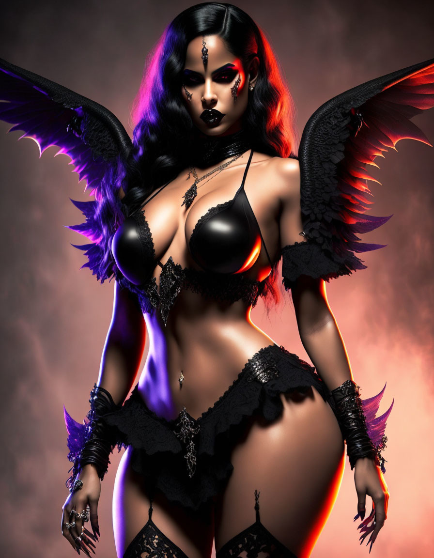 Fantasy gothic art: person with dark wings in revealing lingerie against fiery backdrop