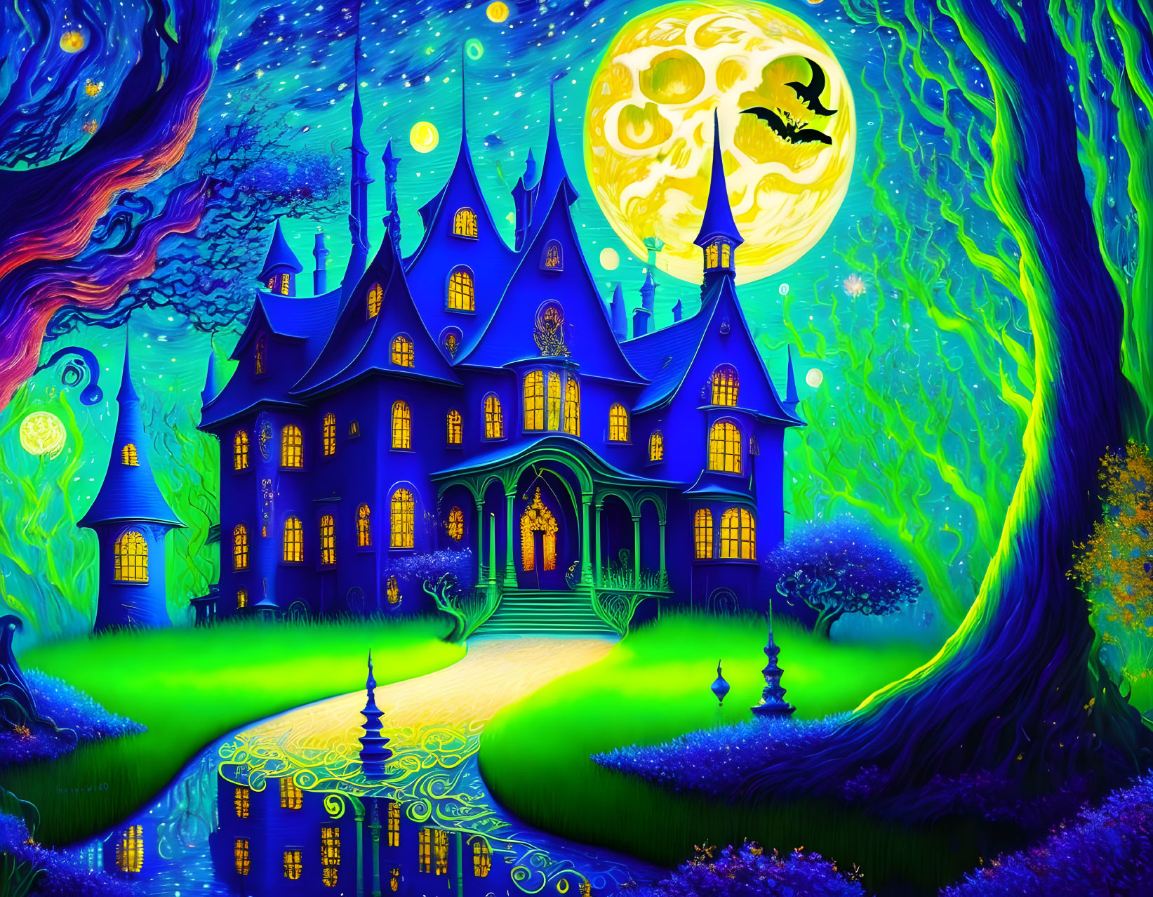 Whimsical haunted house illustration with full moon