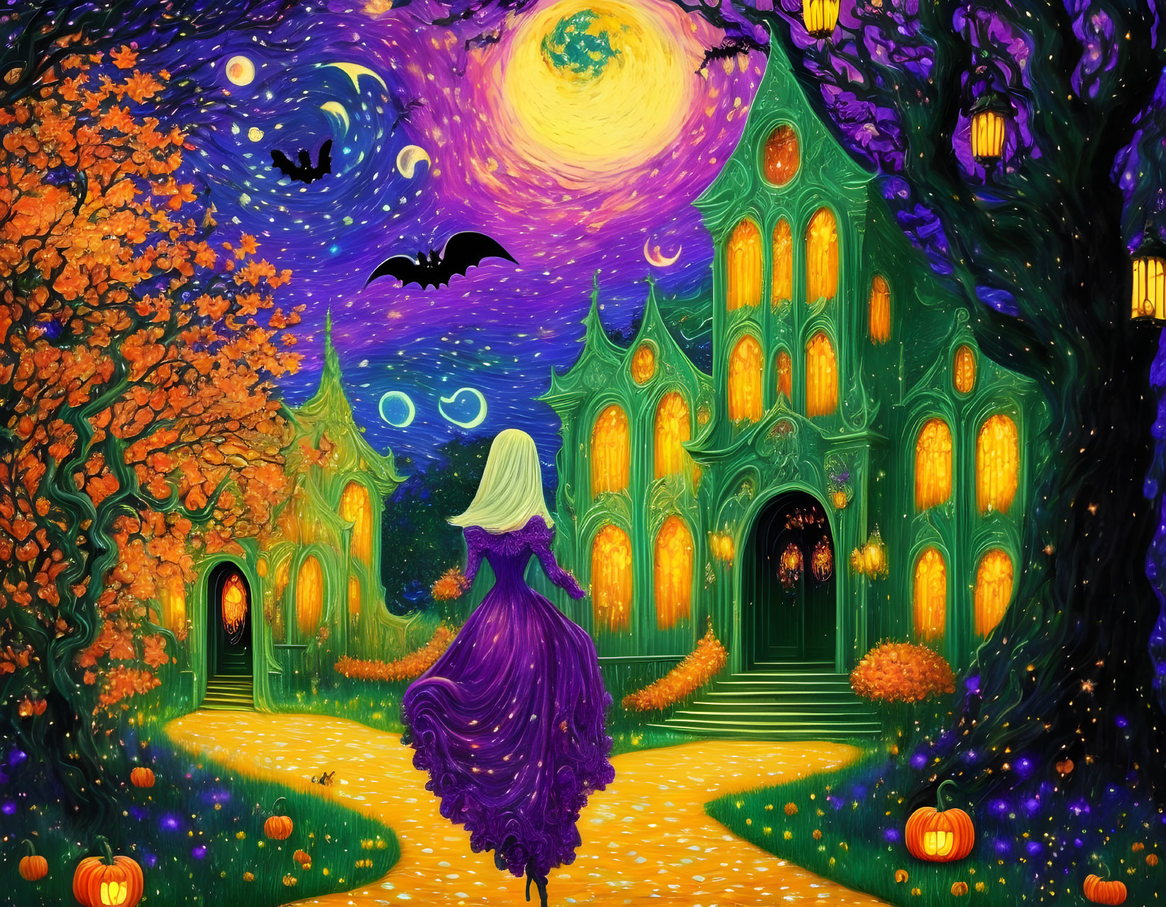 Person in Purple Cloak Approaching Gothic Mansion in Mystical Autumn Scene