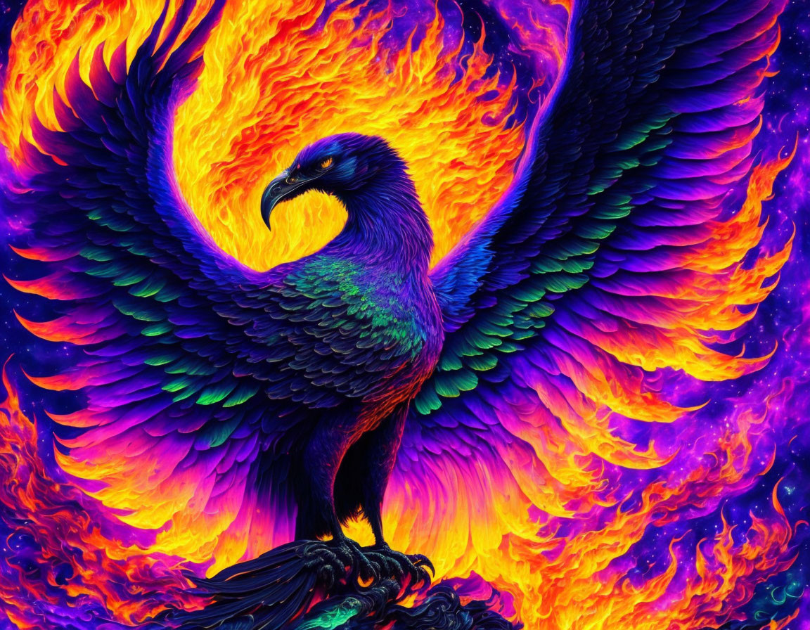 Vivid Mythical Phoenix Art with Outstretched Wings in Flames