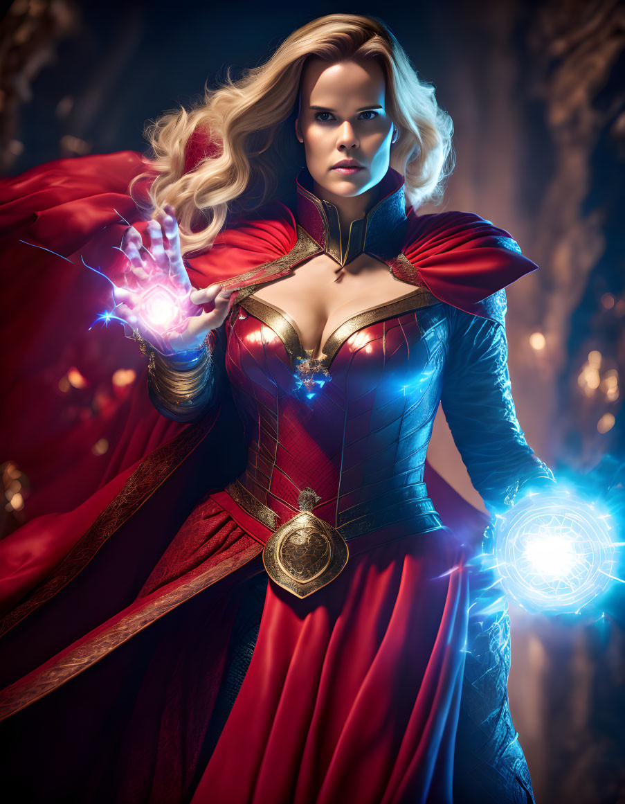 Heroic female figure in red and gold costume conjures magical orbs in enchanted forest