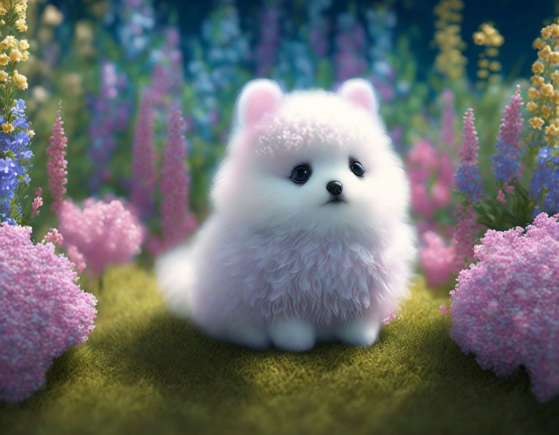 White Cartoon Pomeranian Puppy Surrounded by Vibrant Flowers