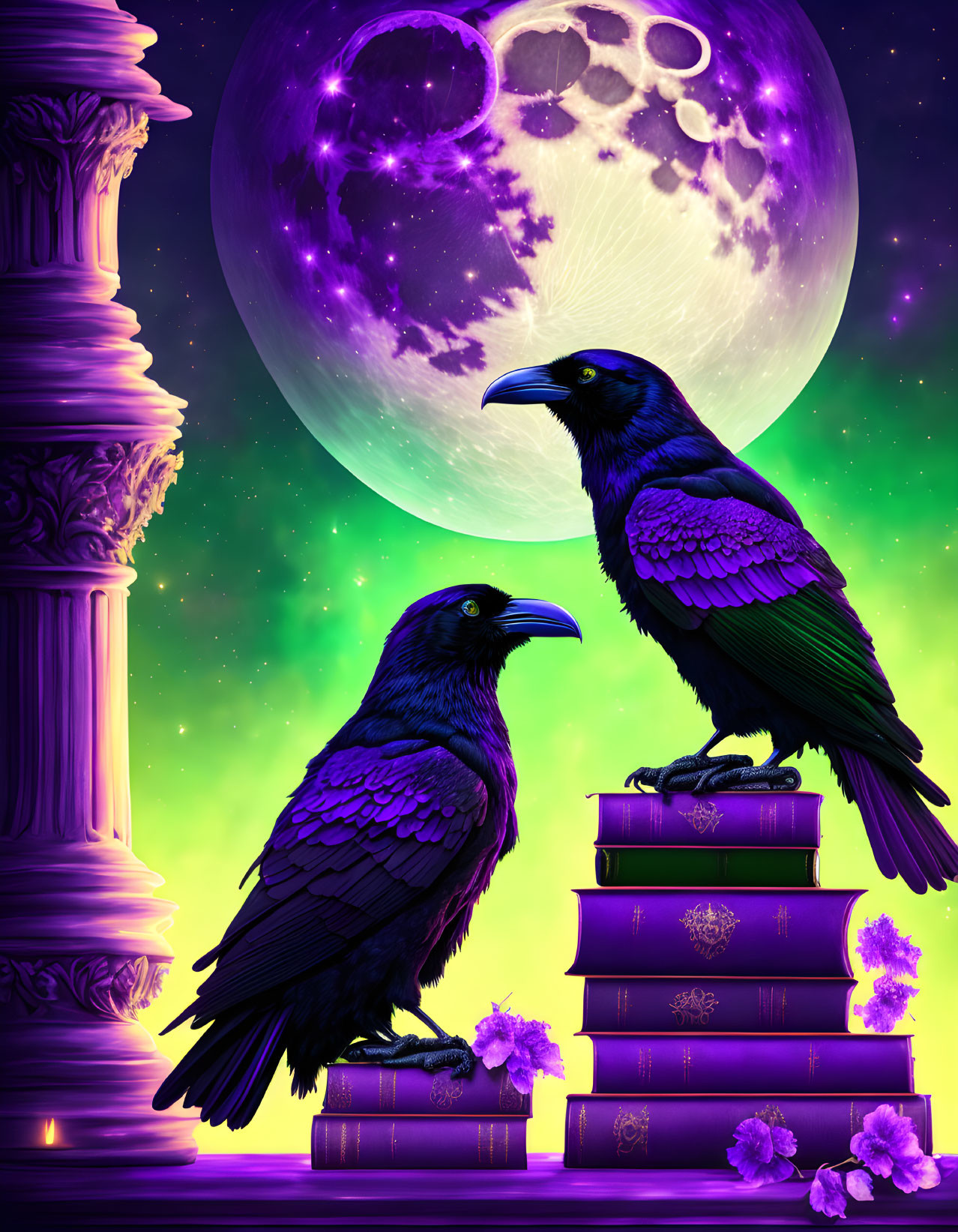 Ravens on books near column under purple night sky