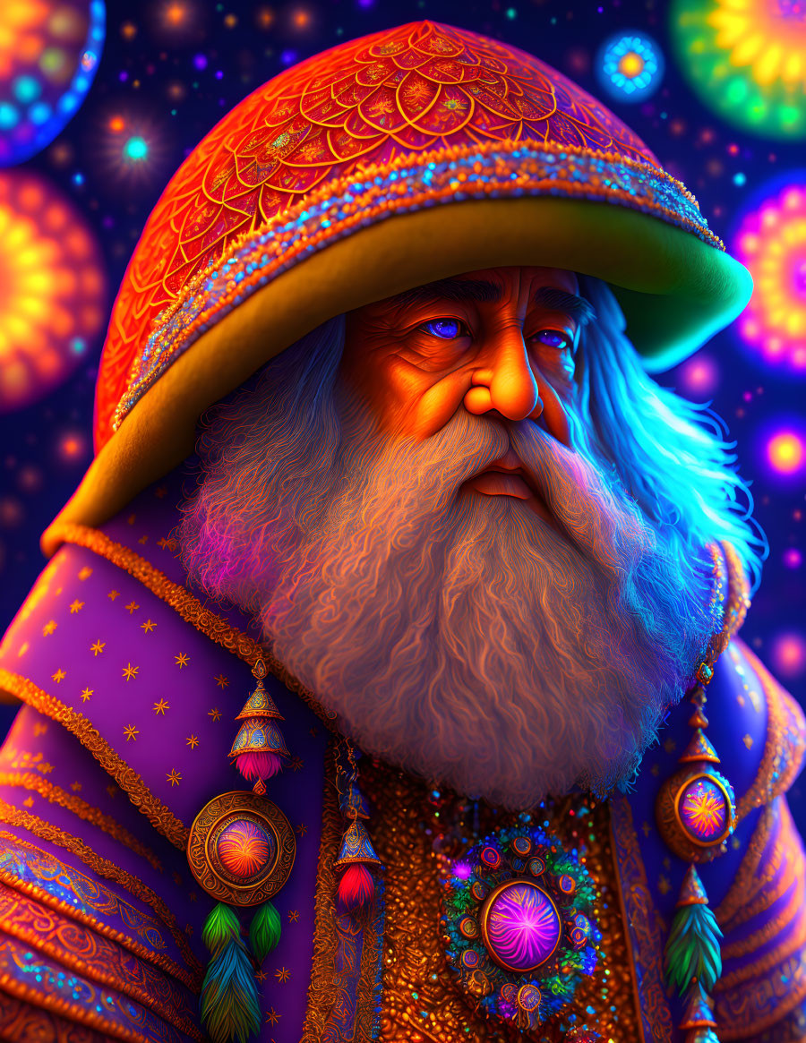 Colorful illustration: Bearded figure in ornate robes against cosmic backdrop