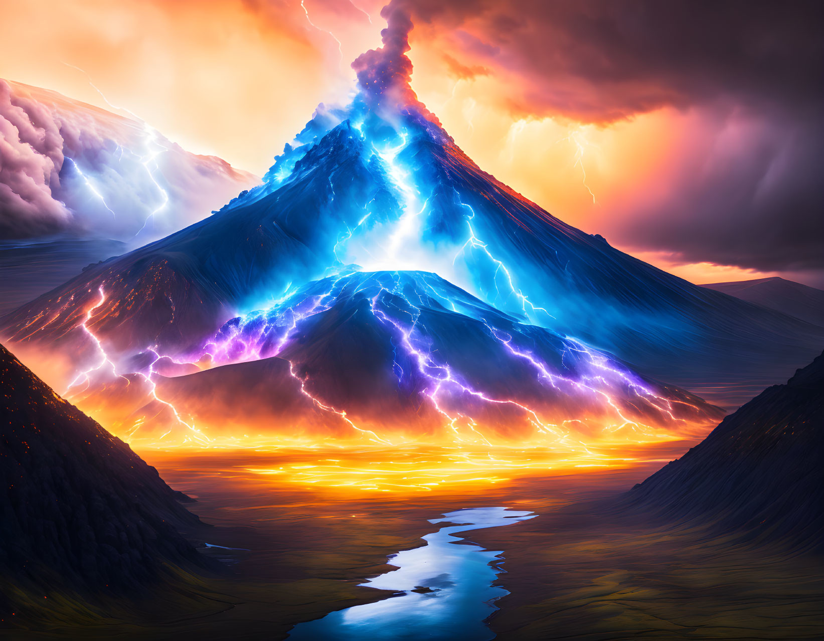 Erupting volcano with lightning in fiery landscape and reflective river