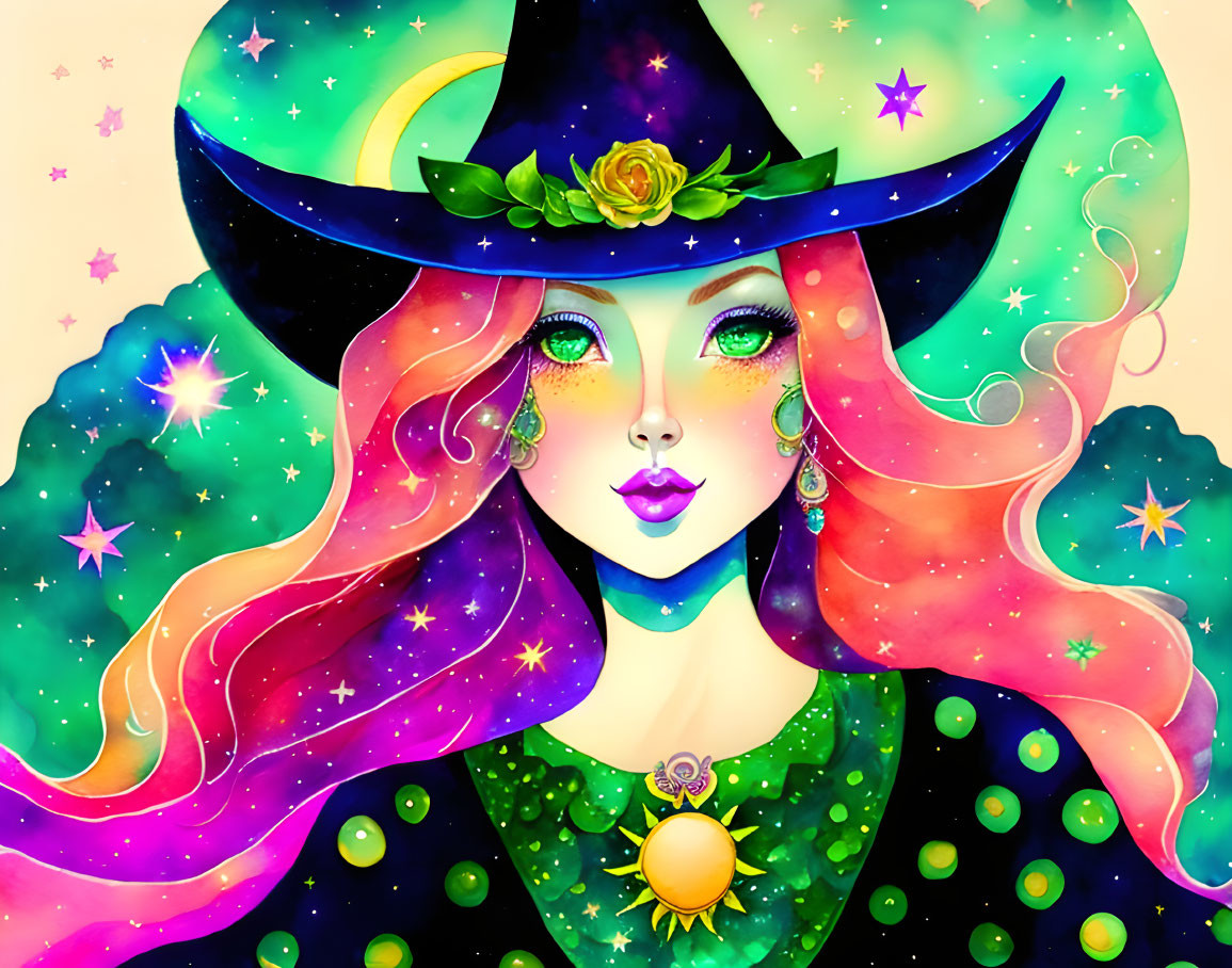 Colorful Witch Illustration with Wavy Hair and Purple Hat