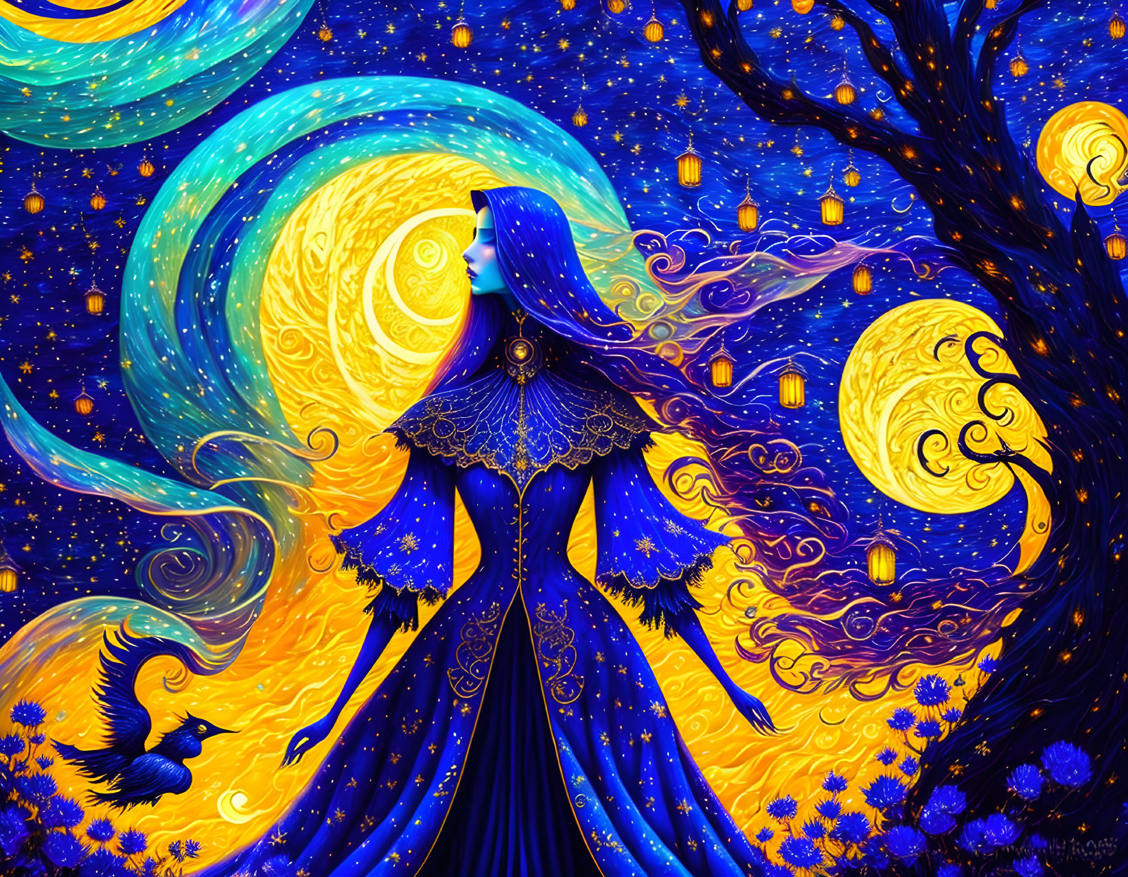 Colorful artwork featuring cloaked figure, galaxies, lanterns, and whimsical tree under starry