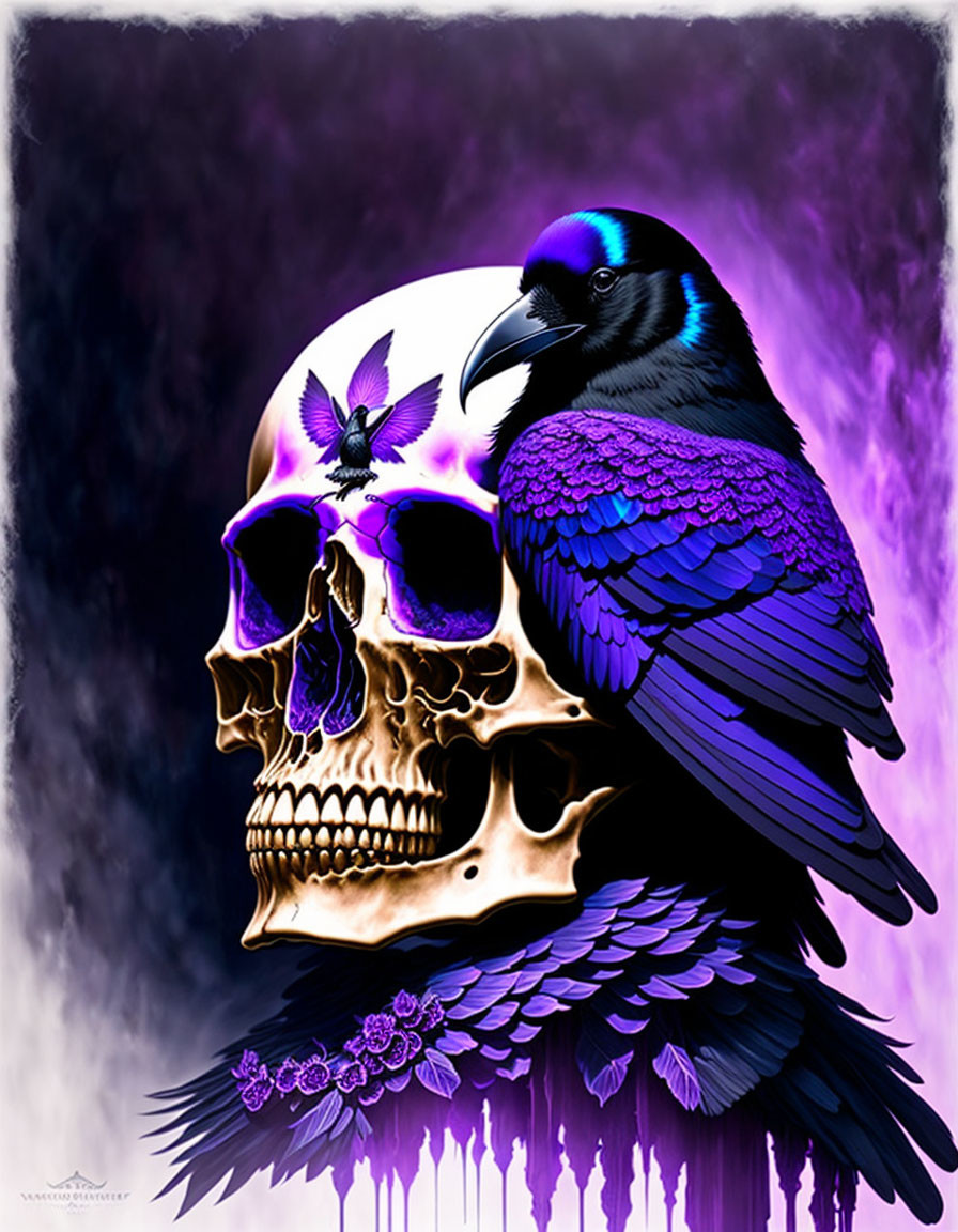 Artwork: Raven on Human Skull with Purple Hues and Floral Motifs