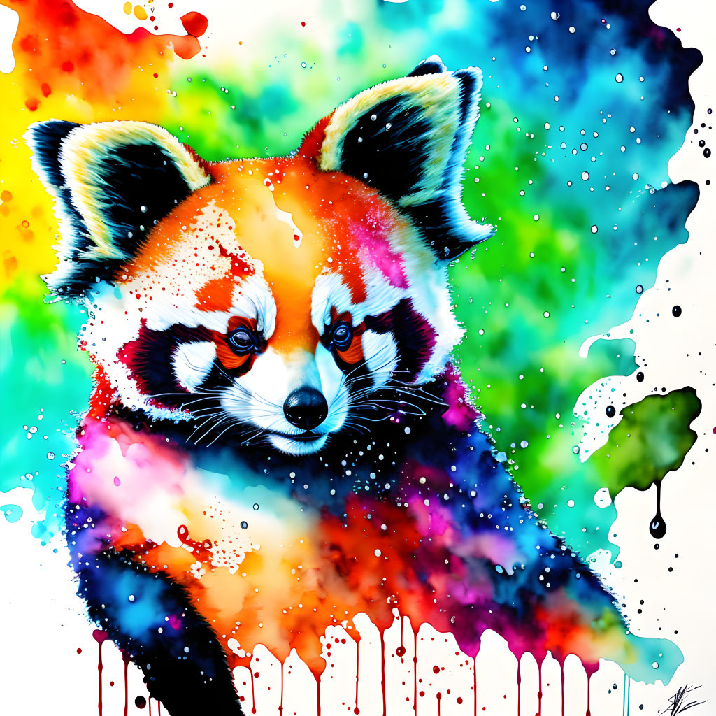 Colorful Watercolor Painting of Red Panda on Rainbow Background