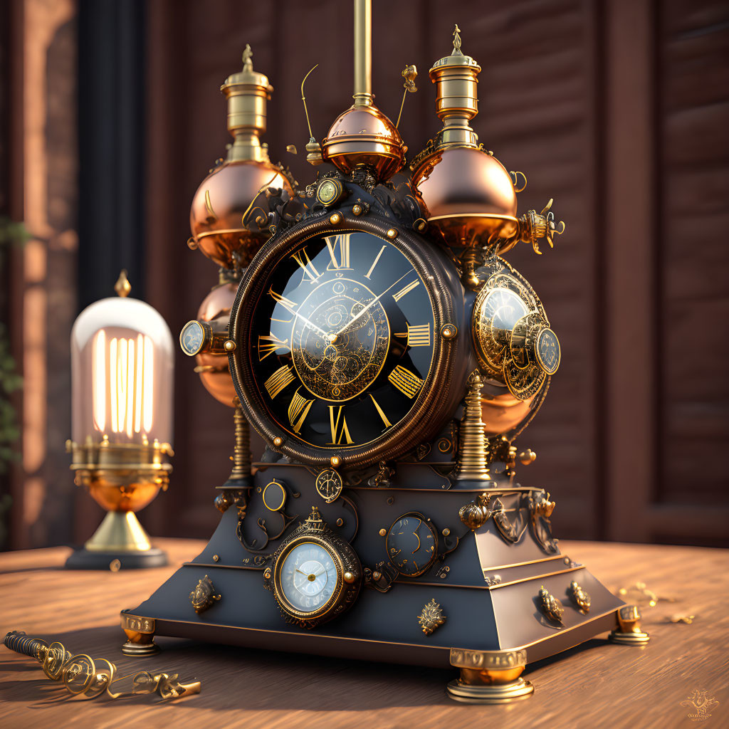 Intricate Steampunk-Style Clock with Gears, Roman Numerals, Vintage Light Bul