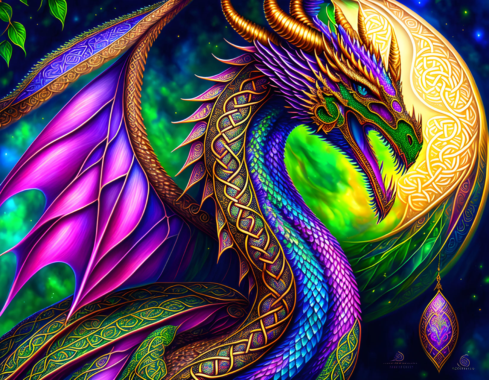 Colorful Dragon Artwork with Majestic Purple Wings and Glowing Orb