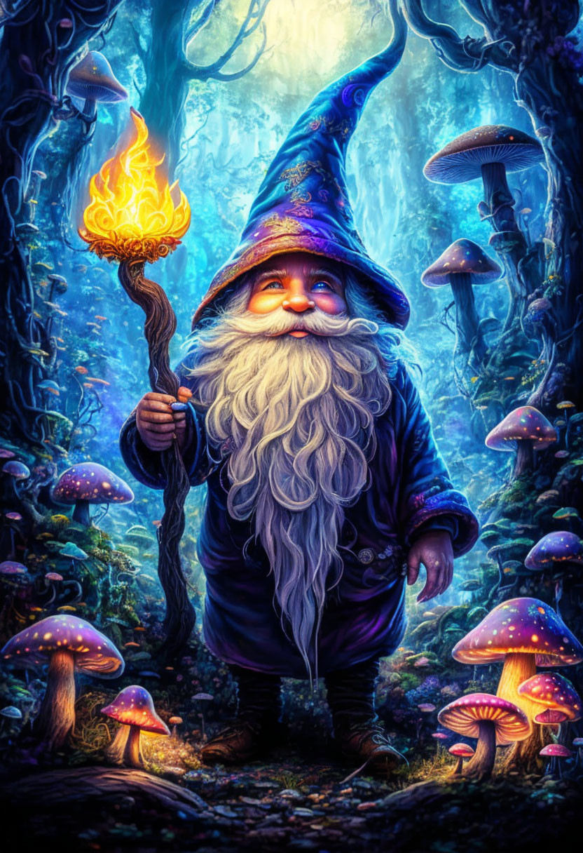 Whimsical wizard with long white beard in enchanted forest illustration