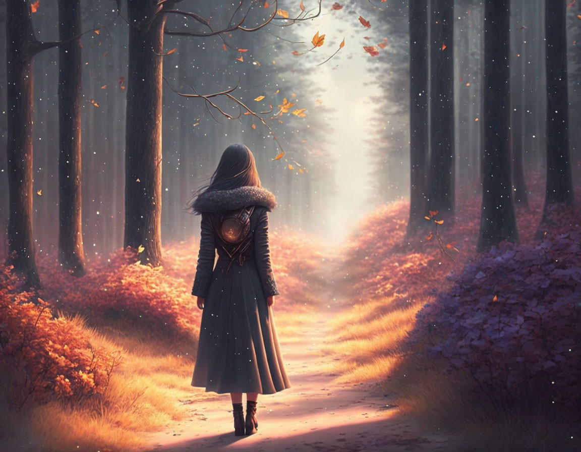 Woman in coat on forest path with falling autumn leaves