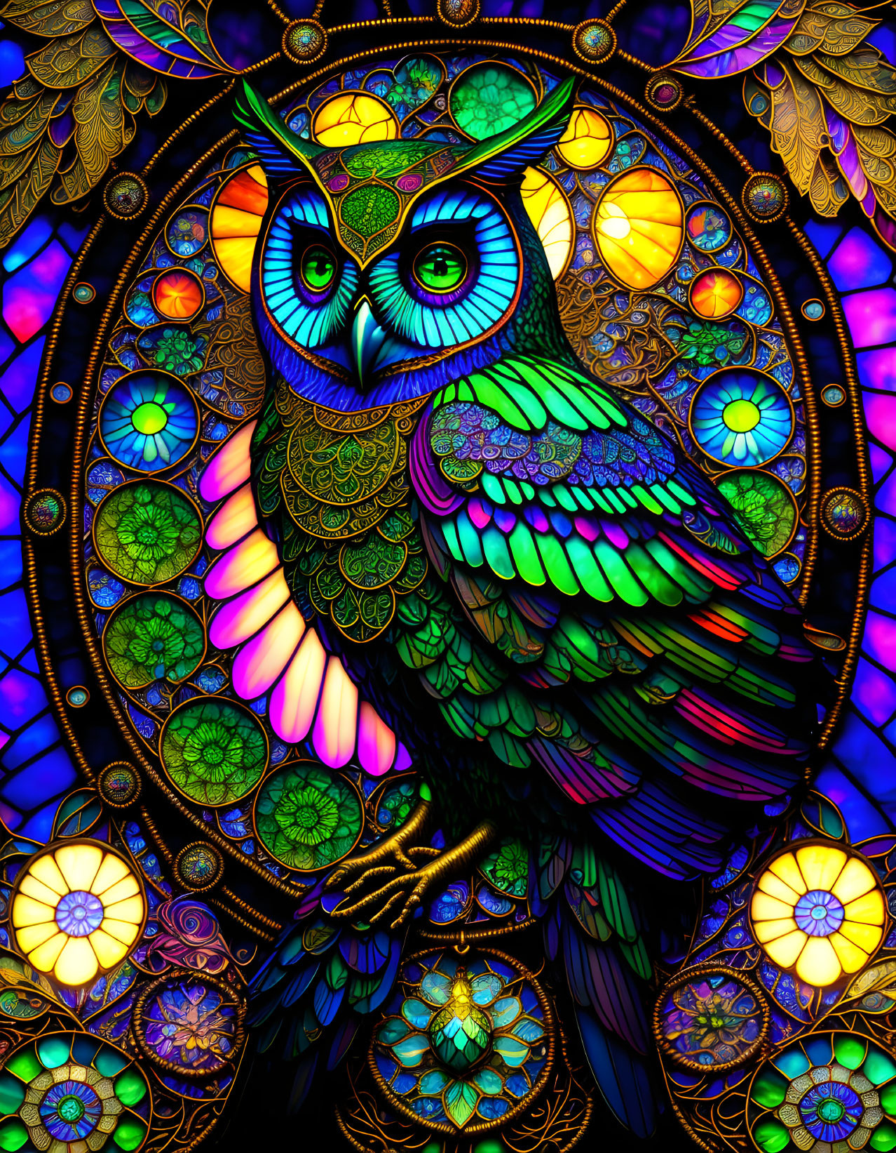 Colorful Owl Artwork Against Stained Glass Background