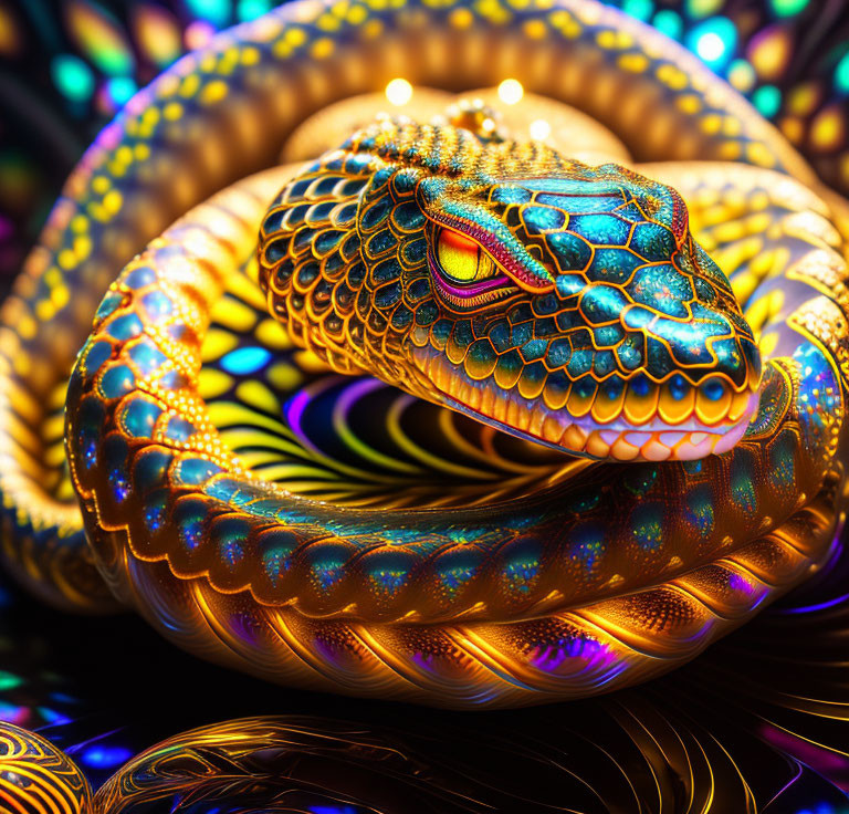 Colorful Coiled Snake Artwork with Psychedelic Background