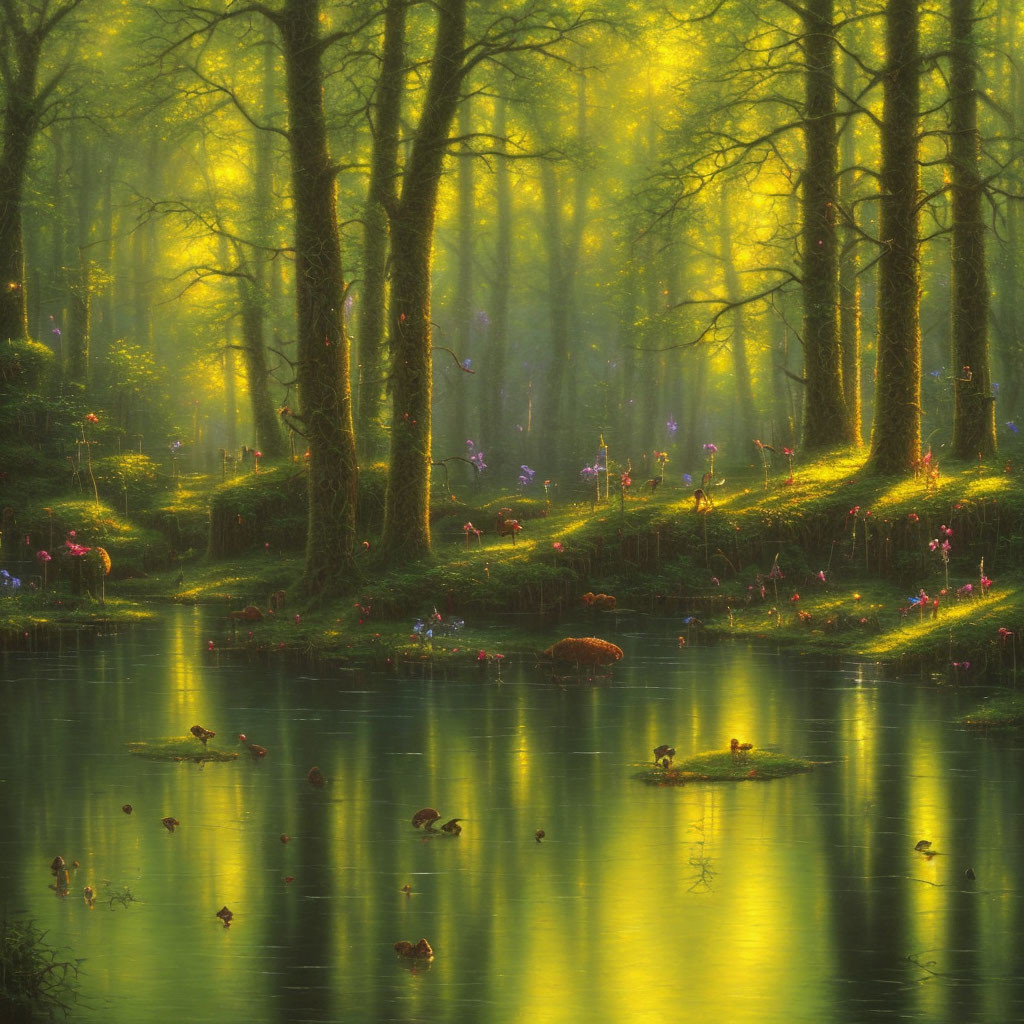 Verdant forest with sunlight, ducks, and vibrant flora