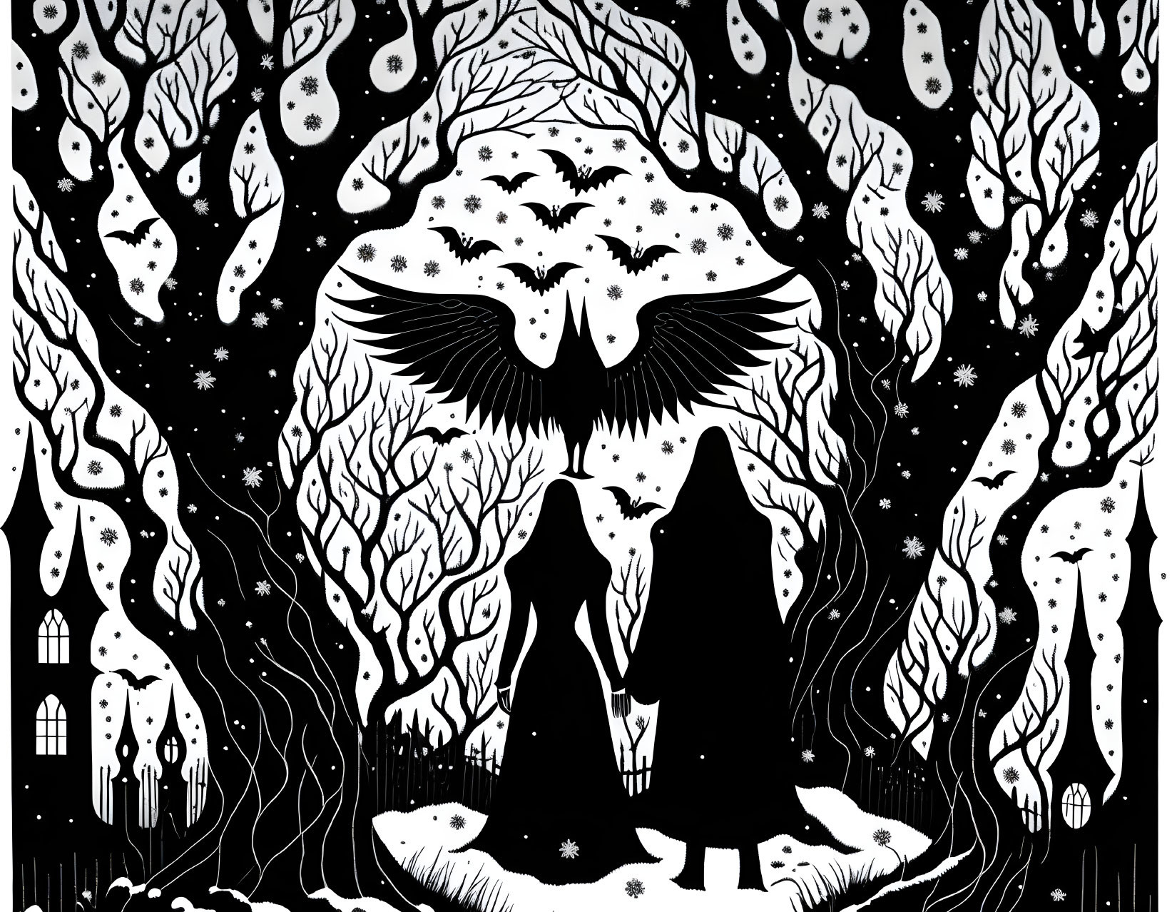 Monochrome forest scene with hooded figures, skull-shaped trees, and owl.