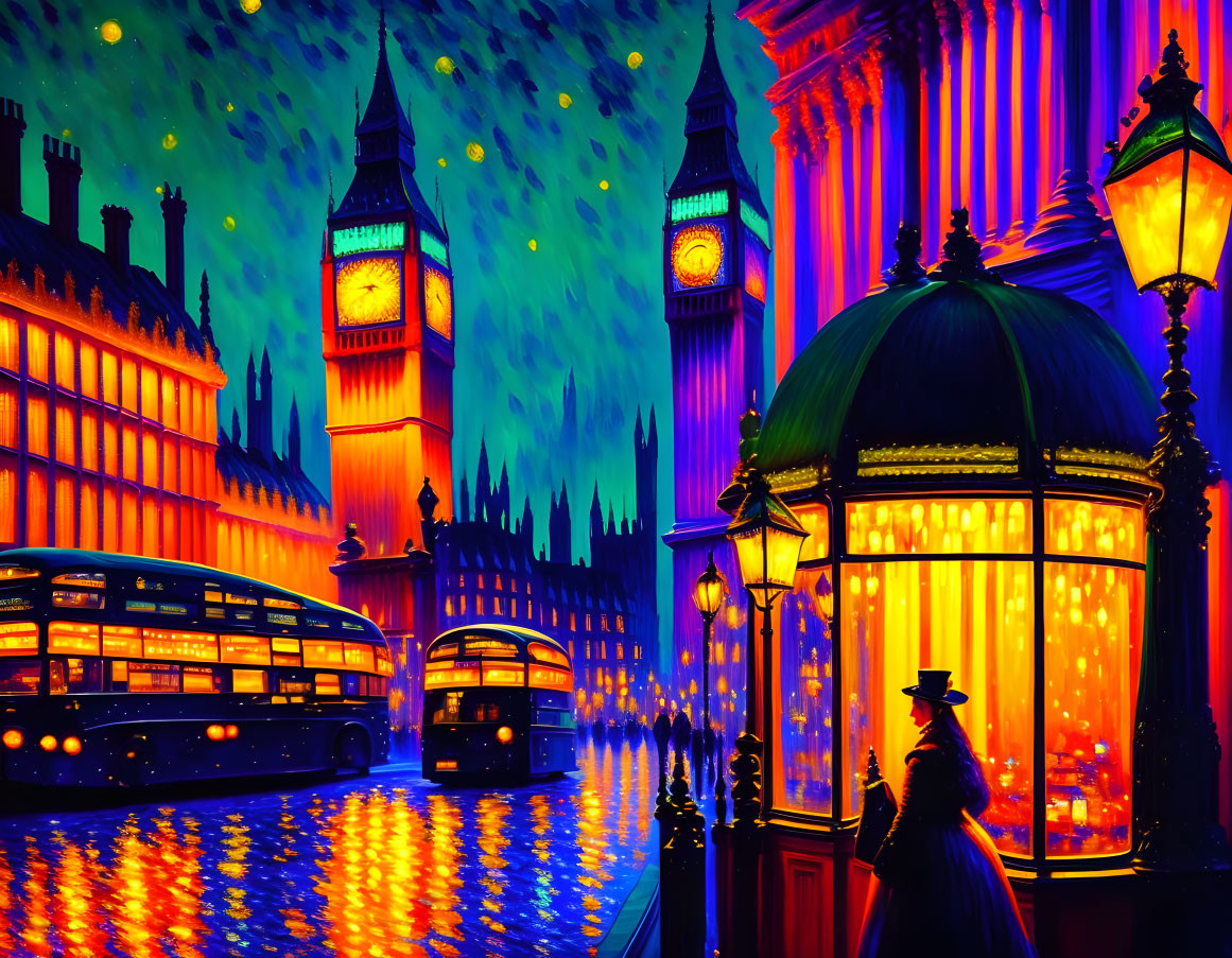 Colorful London digital art: red bus, Big Ben, Westminster, person in rainy scene