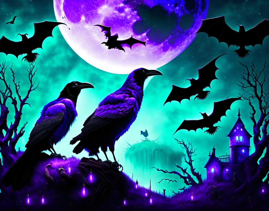 Spooky night scene with two ravens, bats, purple moon, and haunted castle