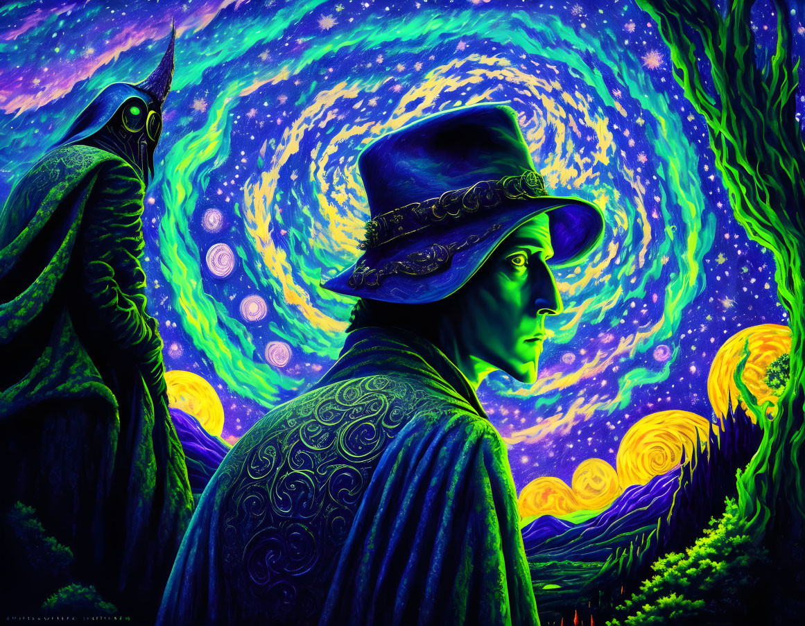 Person in wide-brimmed hat and cloak in mystical forest with swirling skies and specter