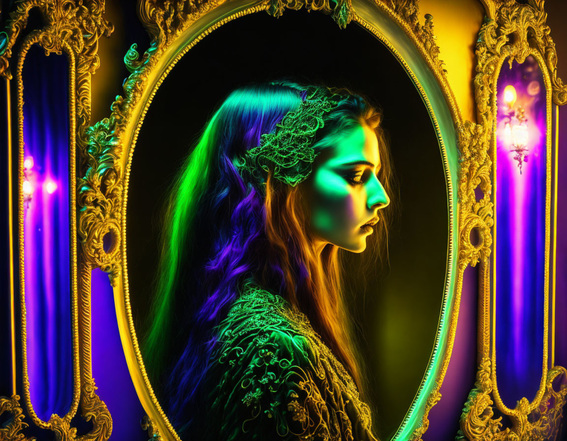 Decorated Woman Reflected in Ornate Mirror with Neon Lights