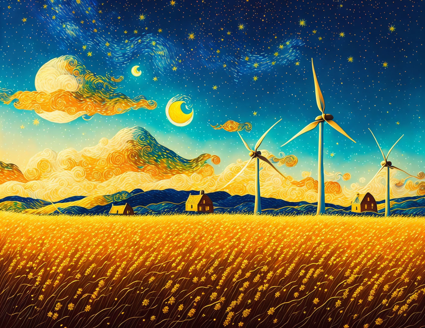 Starry Night Sky Landscape with Wind Turbines