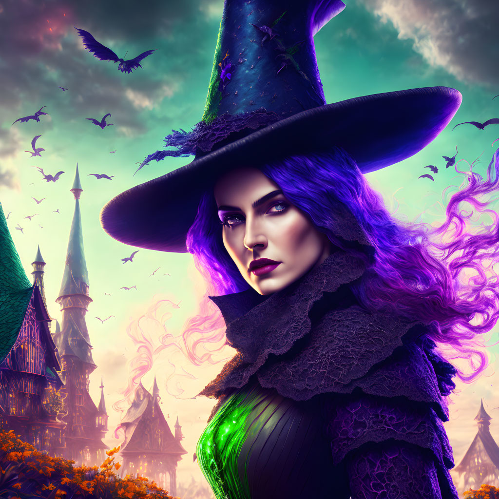 Digital illustration of purple-haired witch with large hat in magical castle dusk scene